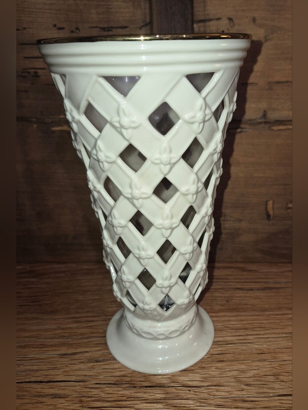 Lenox Ivory Pierced Lattice Vase with a Gold rim and a Glass Insert